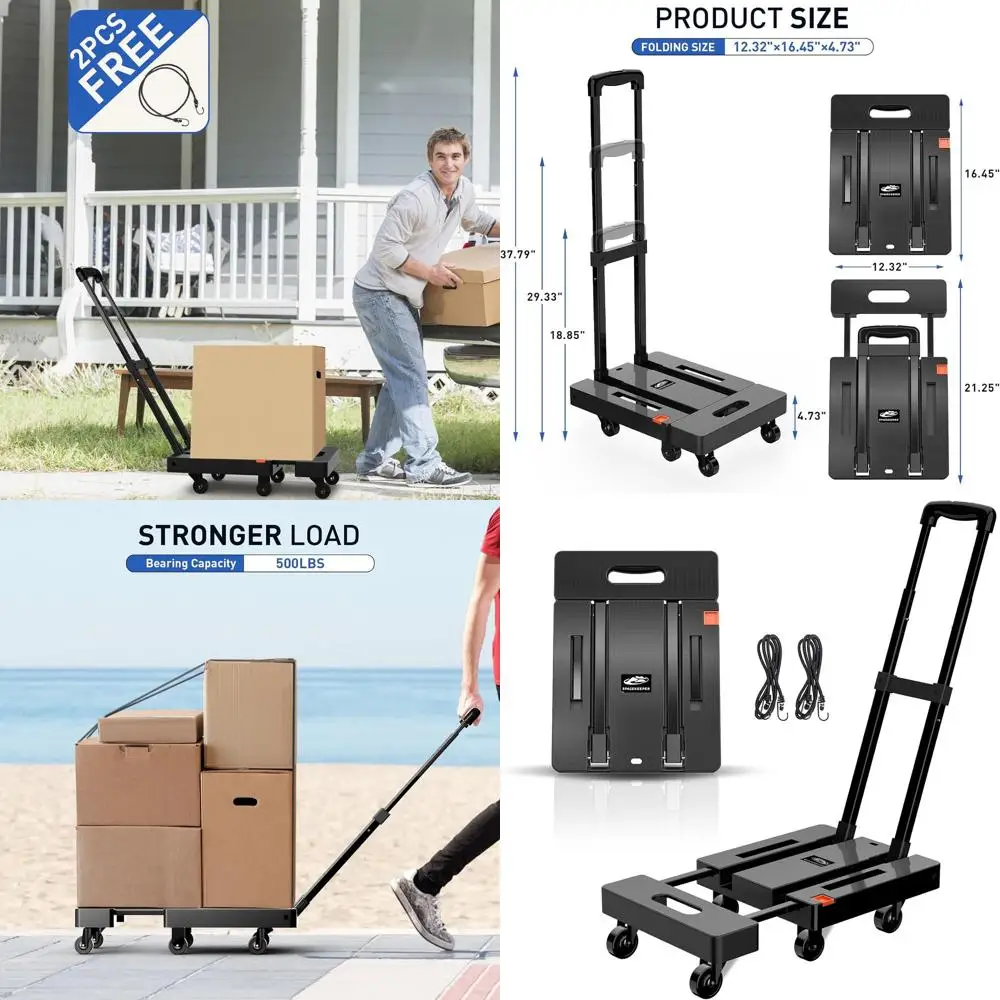 

Тележка ручная усиленная на 227 кг (500 фунтов) с 6 колесами, эластичными ремнями для багажа, переездов и офисного использования - черная