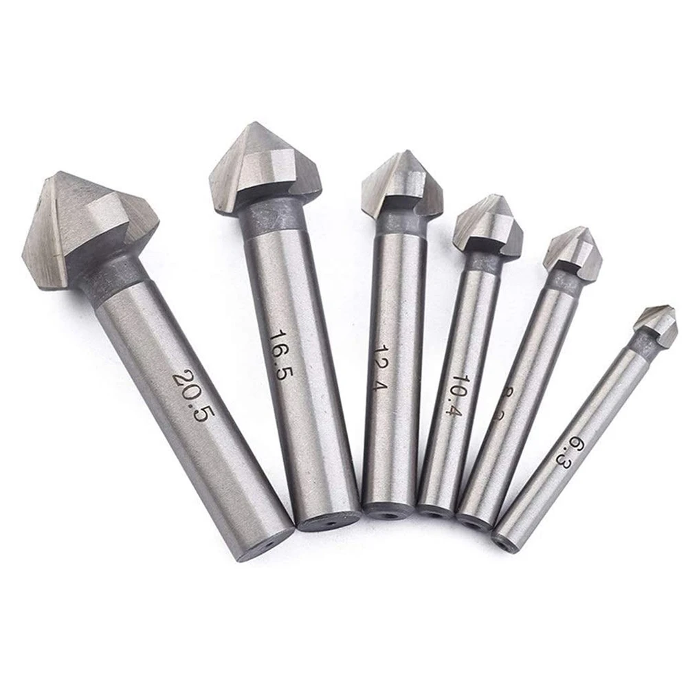 

6Pcs Silver Round Shank 3 Flute 90 Degree HSS Chamfer Chamfering Cutter End Mill Tool Countersink Drill Bit Set