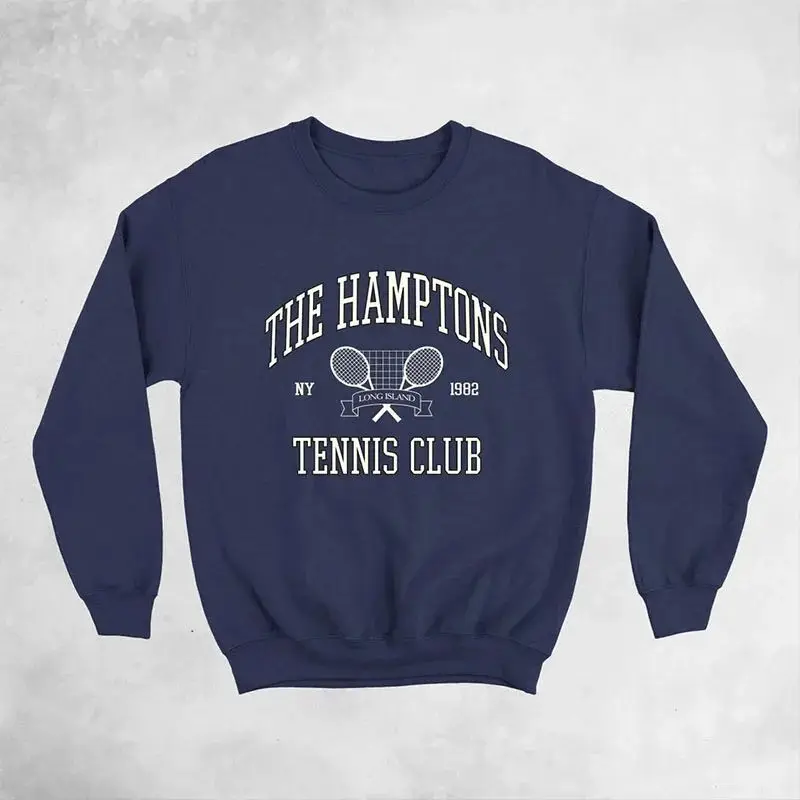 Hampton Tennis Club 1982 Vintage Printed American Fashion Women\'s Crew Neck Loose Cotton Fleece Pullover Sweatshirt