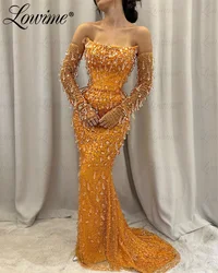 Full Crystal Orange Luxury Evening Dresses For Women 2023 Mermaid Arabic Birthday Engagement Party Gowns Dresses Long Prom Dress