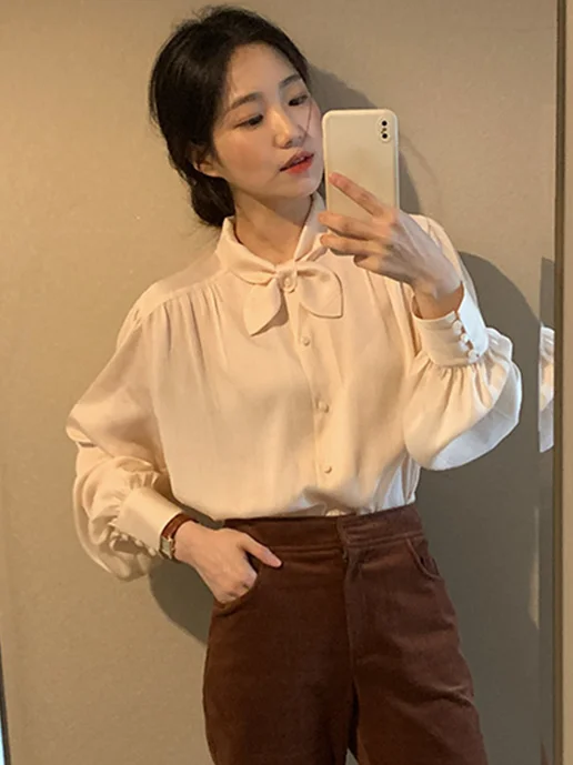 

Chic Loose Fit Lantern Sve irt Women's Decorative Small Bow Tie Design French Sle Pure Color Button up irt