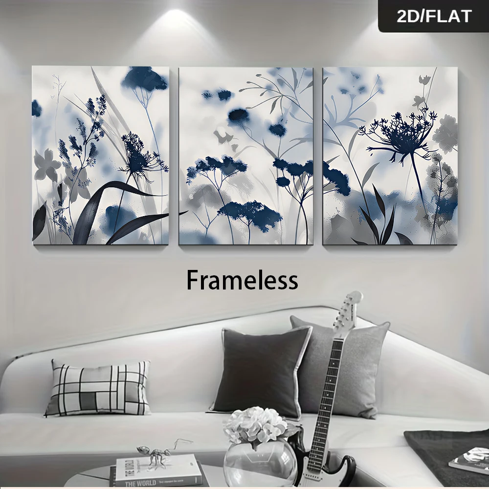 One set of three frameless ink-wash style decorative paintings, blue-gray abstract art paintings of plants and flowers, 2D flat