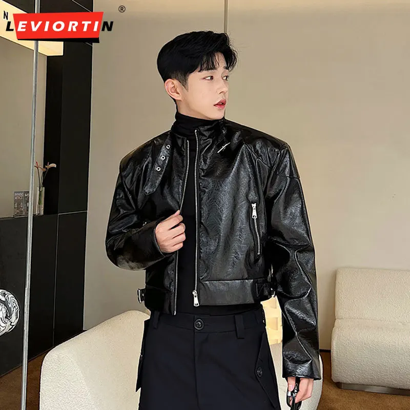 

Fashion Men Leather Jacket Streetwear Zipper Stand Collar Rubbed Pattern Leather Coats Streetwear Loose Casual Crop Jackets