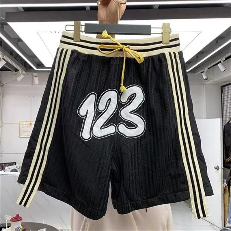 

High Street Loose Mesh Black Almond RRR123 Shorts Best Quality Webbing Drawstring Men Women Letters Printed Sweatpants