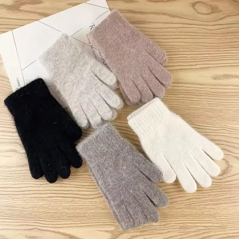 Winter Gloves Keep Warm Solid Five Finger Gloves Women Cashmere Outdoor Thick Cycling Driving Fashion Knitted Woolen Warm Gloves