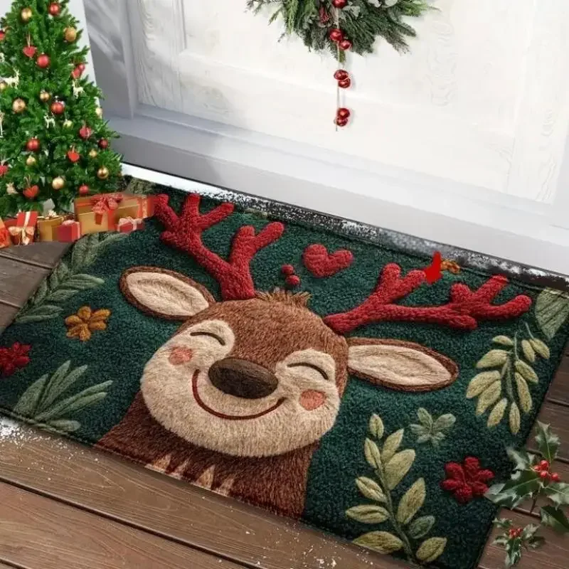 1pc Fluffy Christmas Deer Microfiber Bath Mat - Quick-Dry & Absorbent, Festive Holiday Design With Red Berries & Green Leaves