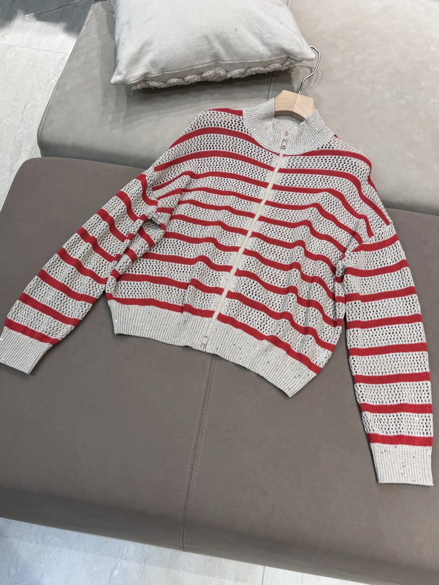 Spring Summer 2025 Women Stripe Mesh Linen Zip-Up Cardigan