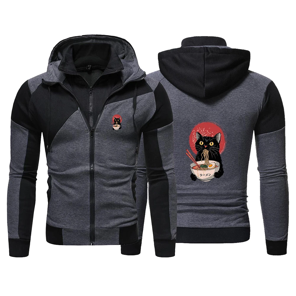 2025 New Spring And Autumn Men's Noodle Ramen Cat Print Color-blocke Designer Hoodies Comfortable Zipper Cardigan Coat