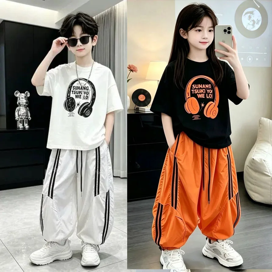 

2026 summer Teens Boys girls Cloth set Outfit Kid print Tracksuit loose Child t-shirt top + striped Ankle-tied pant 4 12 14 Year
