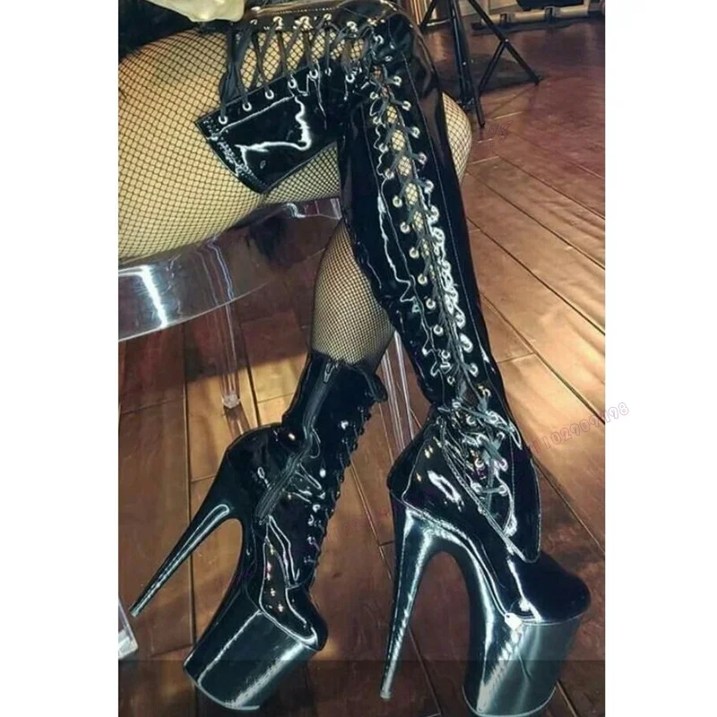 

Black Lace Up Spike Heels Platform Boots Over The Knee Hollow Out Shoes for Women High Heels Sexy Shoes 2023 Zapatos Para Mujere