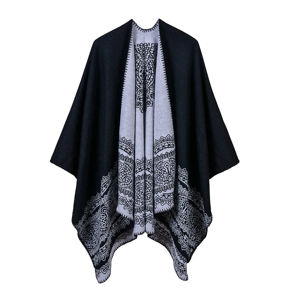 Autumn Winter Women's Lace Pattern Generous Classic Catwalk Performance Wearing Shawl Pastoral style fork Ponchos Capes Black