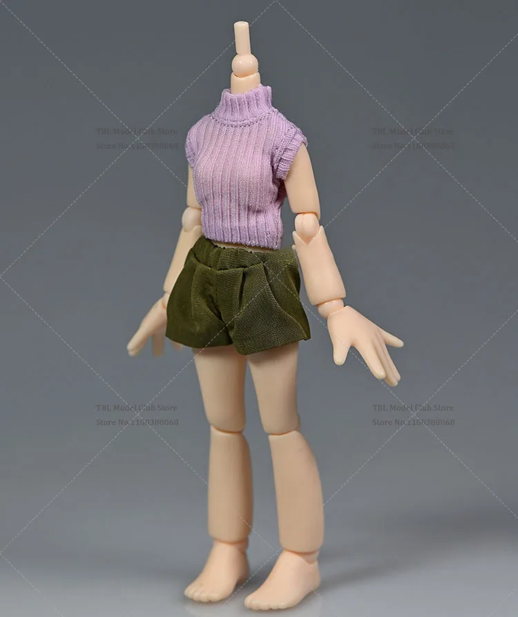 Suéter de punto sin mangas para mujer, pantalones cortos con cordón, modelo de ropa compatible con cuerpo de figura de acción BJD SD Azone de 12,1 cm, escala 1/12