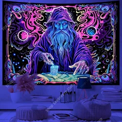 Psychedelic Wizard UV Reactive Tapestry Magic Eyes Neon Universe Starry Tapestry Wall Hanging for Room Decor Witchcraft Supplies