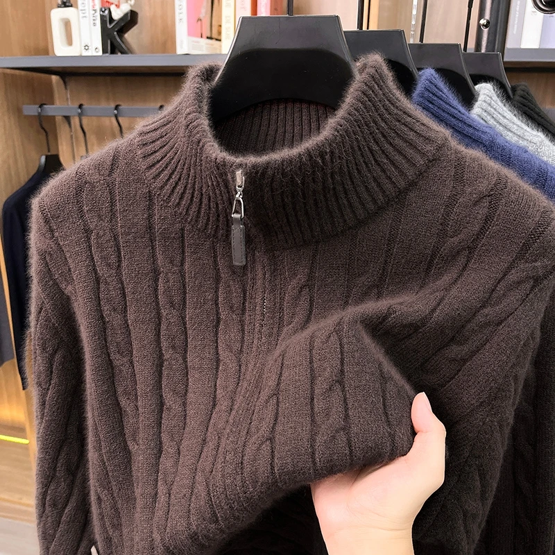 Luxury fashion jacquard knitted coat men autumn winter warm comfort stand collar solid color new casual zipper sweater cardigan