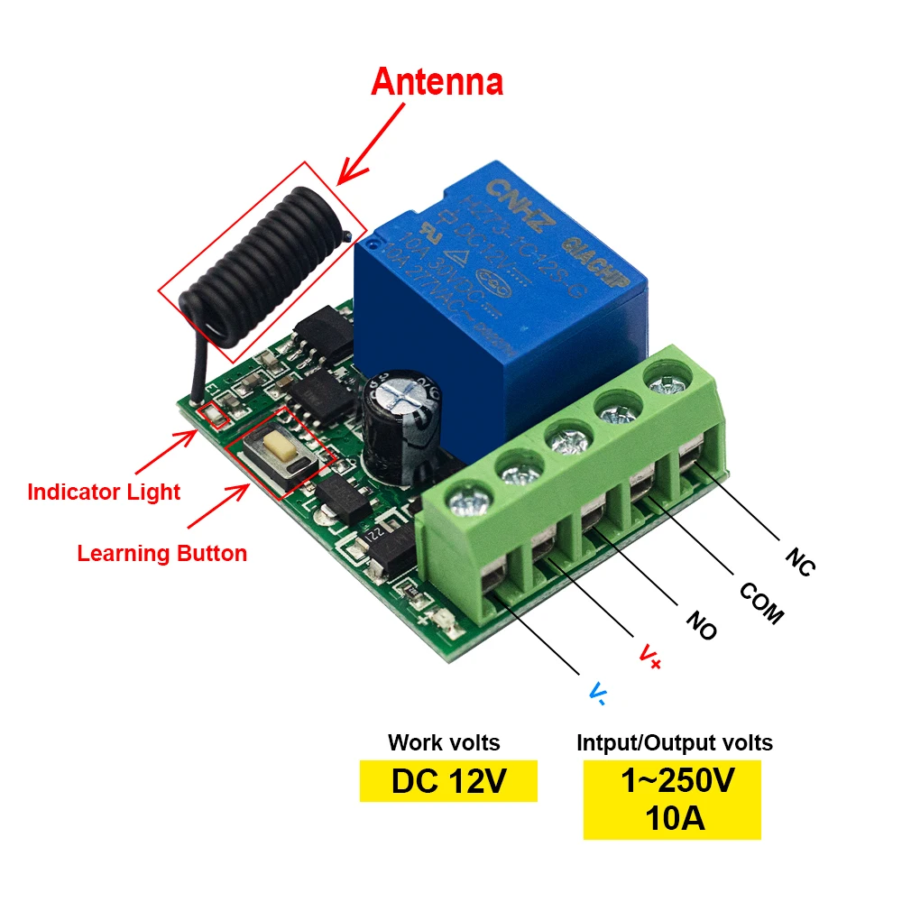 QIACHIP RF 433MHz DC 12V przełącznik zdalnego sterowania bezprzewodowy odbiornik przekaźnikowy Mini moduł pilot do wentylatora LED drzwi garażowe