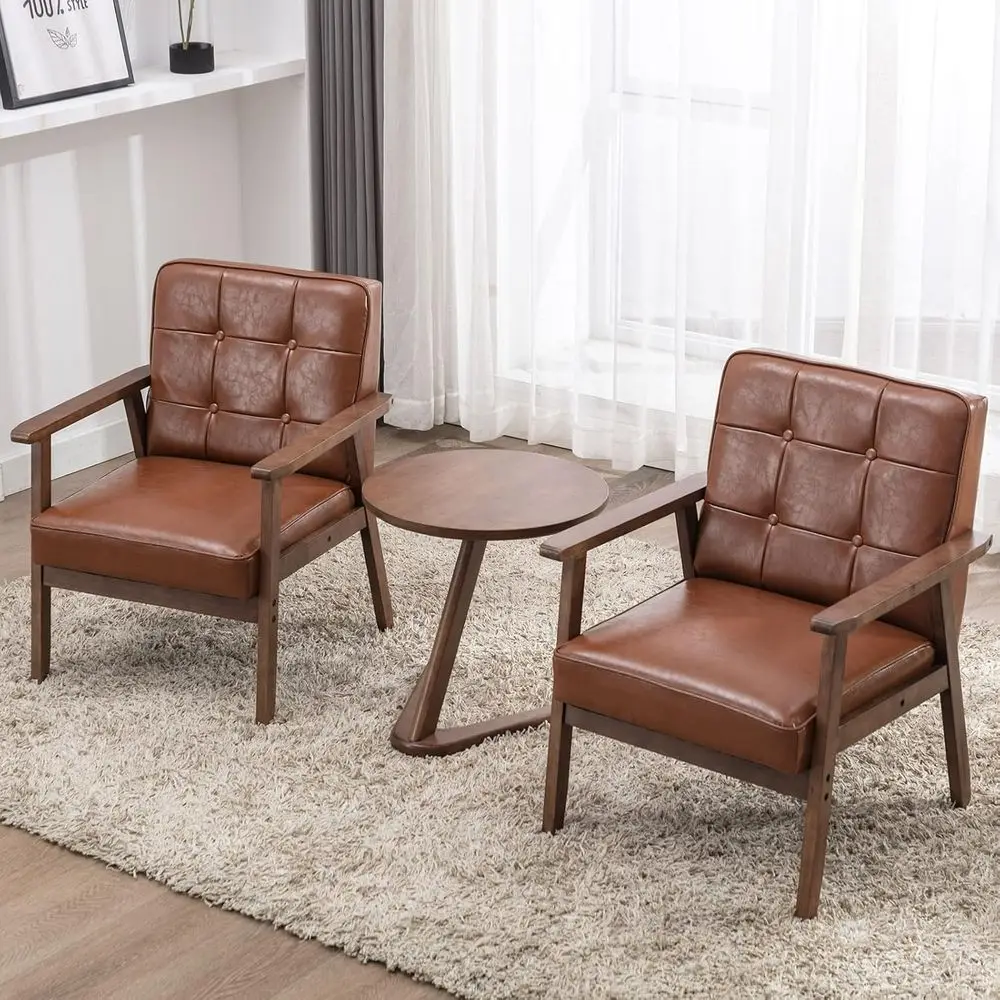 

Pair of Modern Accent Chairs with Side Table, Retro Style Wood and Leather Armchairs, Ideal for Lounge, Reading, Living Room, or