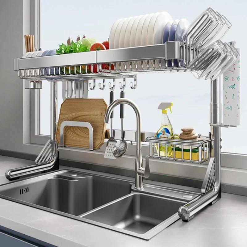 304 Stainless Steel Sink Rack, L Shape Reinforced Dish Drainer, Fast Air Drying Hollow Slot Holder, Rustproof Storage Organizer