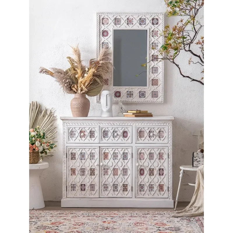 French retro entrance cabinet Solid wood corridor cabinet Locker Painted engraved cream wind Living room decorative cabinet agai