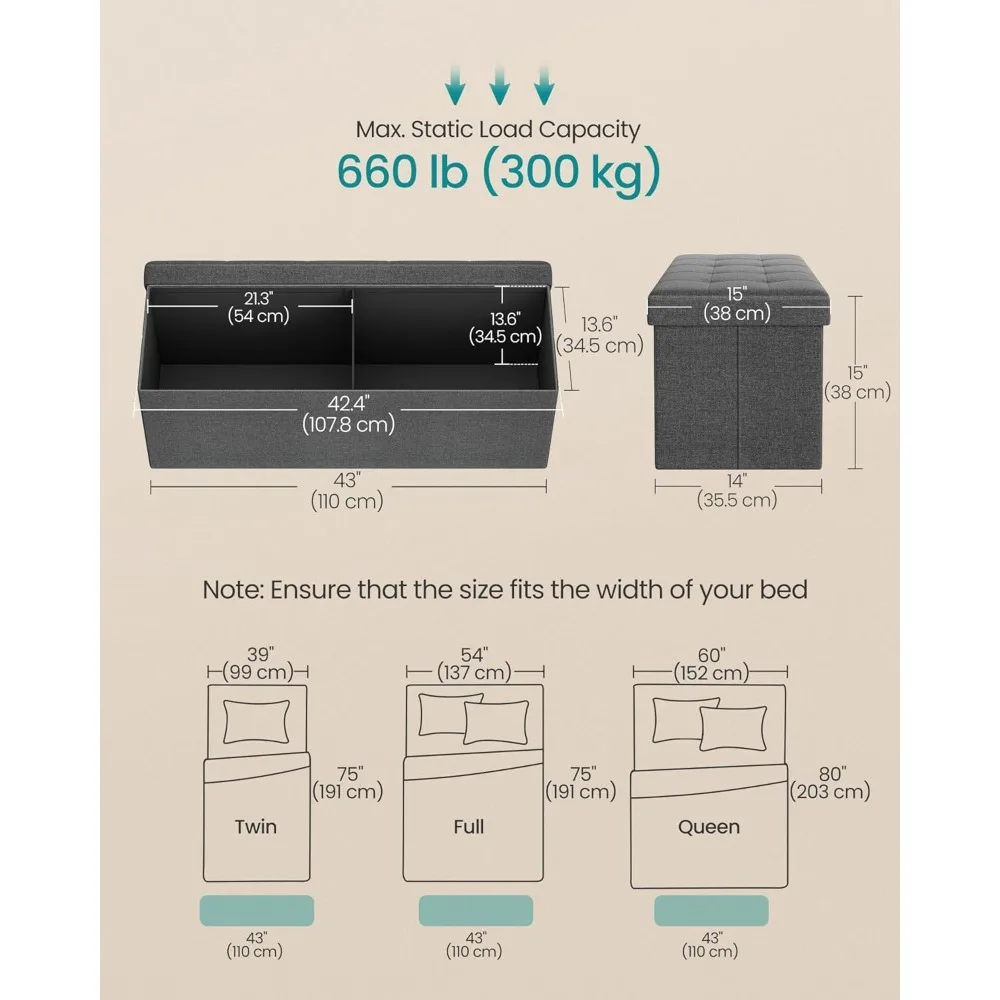 43 Inches Folding Storage Ottoman Bench, Storage Chest, Foot Rest Stool, Bedroom Bench with Storage, Holds up to 660 lb