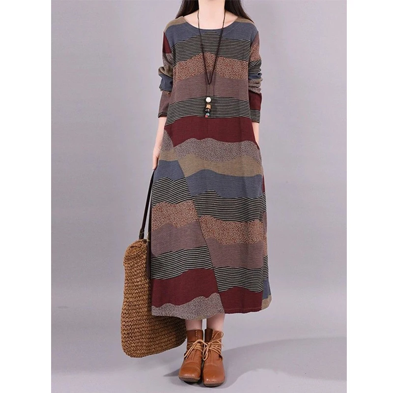 Women Vintage Boho Ethnic Style Striped Patchwork Cotton Linen Dresses Casual O Neck Long Sleeve Oversized Midi Dress Robe Femme