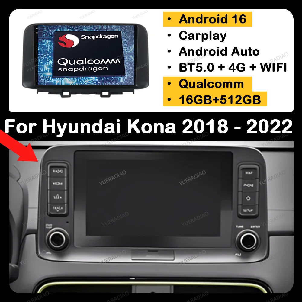Android 16 Autoradio für Hyundai Encino Kona 2018 2019 GPS NAVI Qualcomm 4G WIFI Head Unit Multimedia Videoplayer QLED BT 2DIN