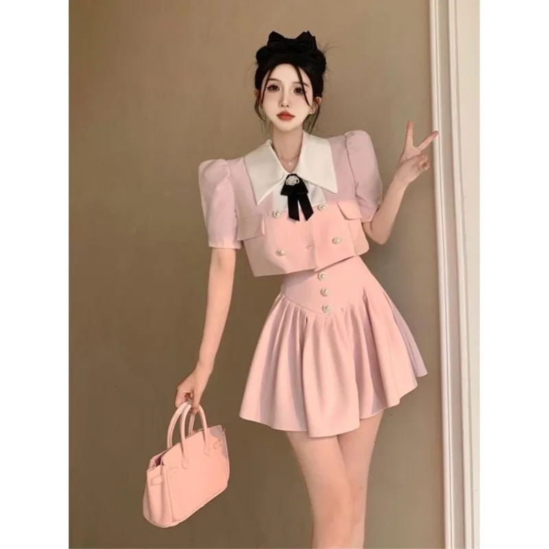 

Summer Women Two Piece Set Single Breasted Short Sleeve Top High Waist Skirt Prairie Chic Korean Style Sexy Two Piece Set Women