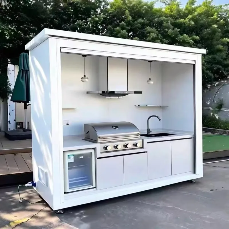 Modern smart outdoor kitchen with retractable shade, stainless steel waterproof, suitable for garden bar grilling