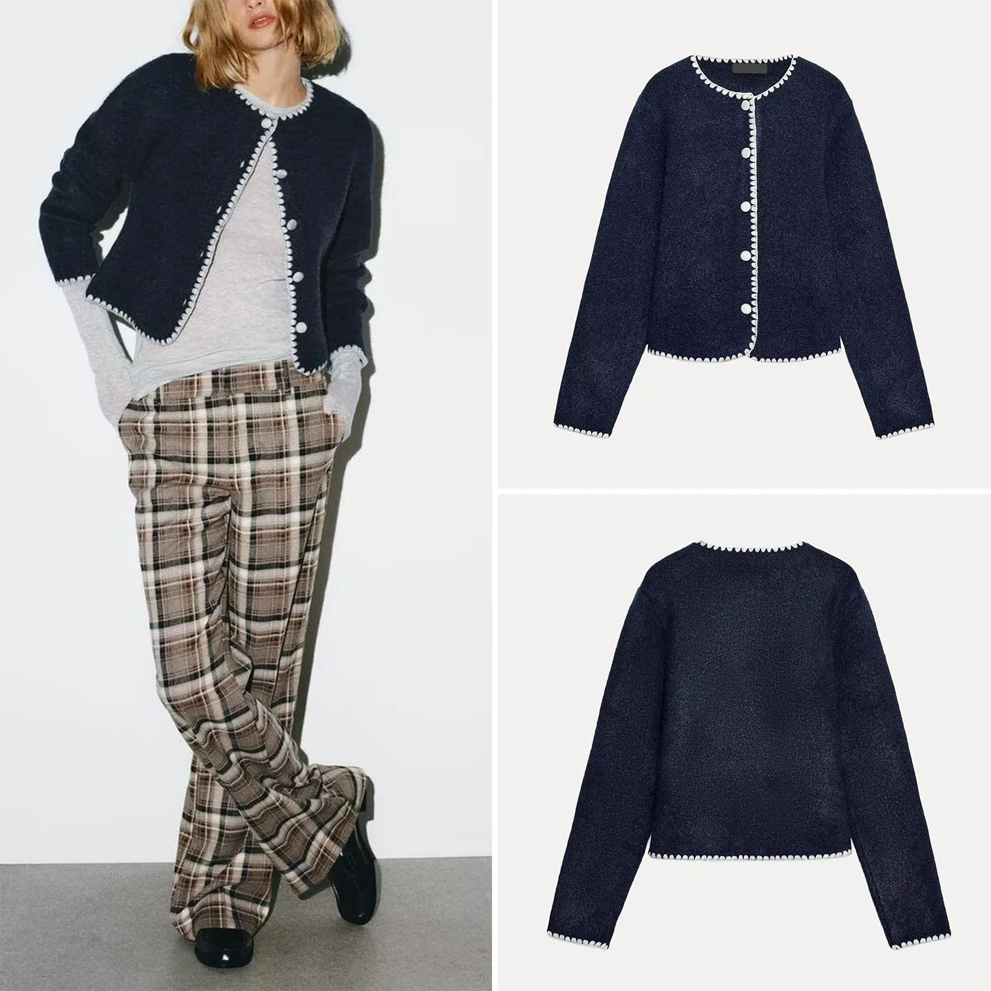 

Faionable Knitted Embroidered Color Blo Women's Jaet Autumn 2025 Versatile round Ne Long Sve ort Coat for Girls