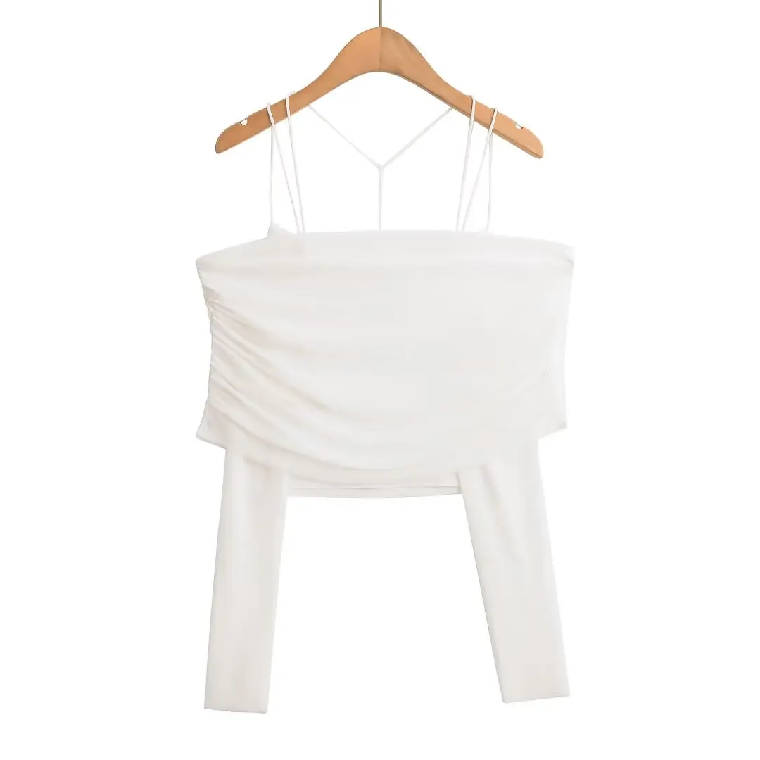 طقم نسائي مثير بتصميم شبكي وحمالة رقبة معلقة، توب وبنطلون مرن بتصميم كروس على الكتف الواحد