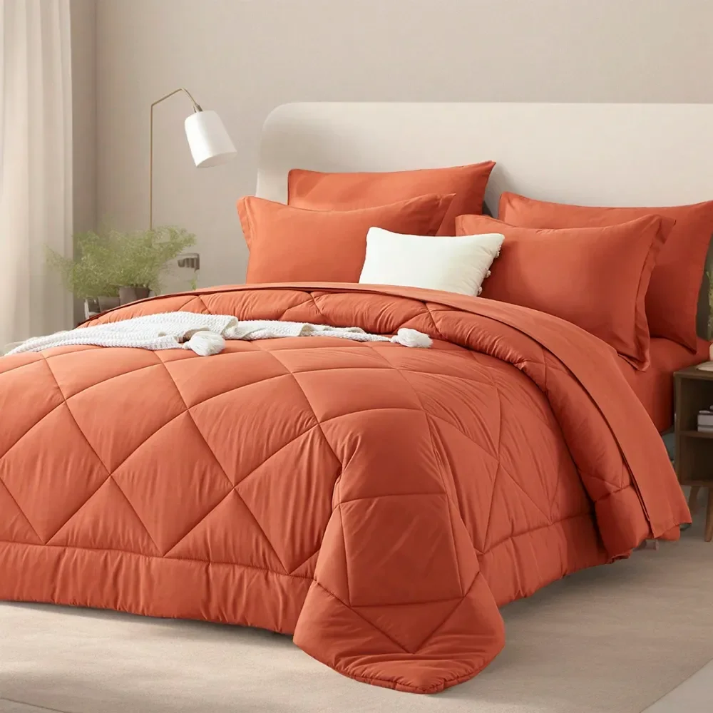 7 Piece Solid Color Bed Comforter Set Queen, Creative Geometric Pattern Design, Soft And Comfortable Summer Bedding Set.Bed In A