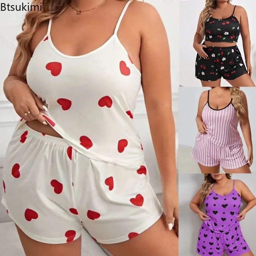 2026 Summer Women's Heart Print Pajama Set Sleeveless Elastic Waist Shorts 2 Pieces Female Sleepwear Nightwear XL-5XL Plus Size