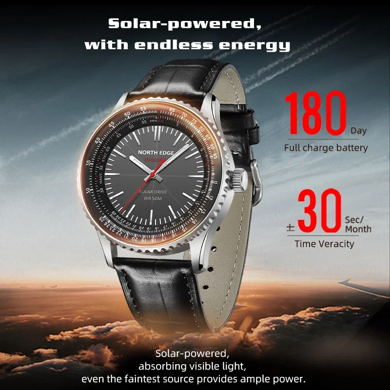 NORTH EDGE EVOQUE3 Solar Drive Watches For Men Pilot Series Leather Strap Luminous Stainless Steel Waterproof 50M Reloj Hombre