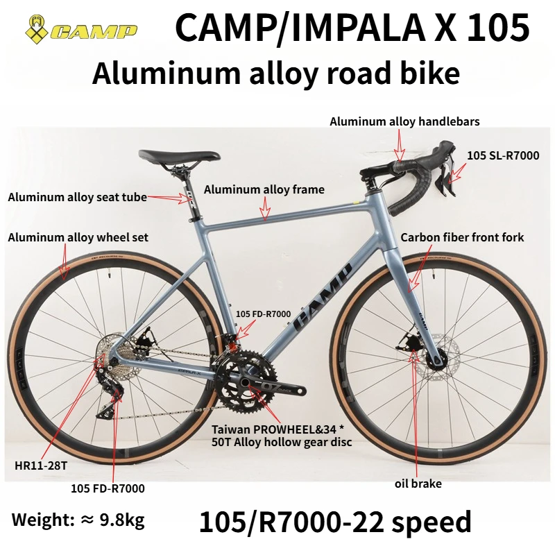 

Велосипед CAMP new IMPALA X из алюминиевого сплава, 105/R7000, 22 скорости, гидравлические дисковые тормоза, колеса 700x28C, гоночный велосипед.