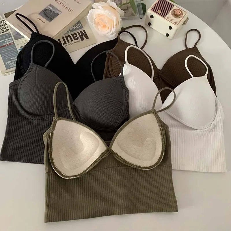 Women Camisole Slim Fit Stretch Push Up Bra with Chest Pads Cropped Navel Short Tube Top V-Neck Tops Babes Suspenders