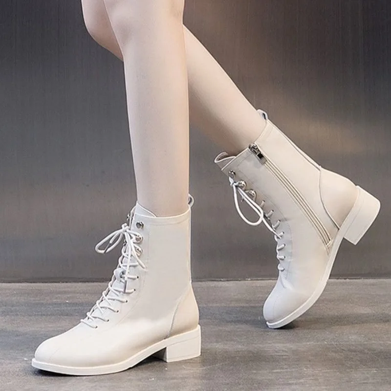 Short Shoes for Women Lace-up Footwear Elegant with Medium Heels Laces Female Ankle Boots Pointed Toe Booties Punk Style Combat