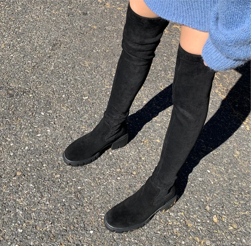 Over-The-Knee High Boots Leather+Stretch Woman Shoes On Heel 6 CM Thick Platform Winter Boots Slip On Warm Thigh High Boots