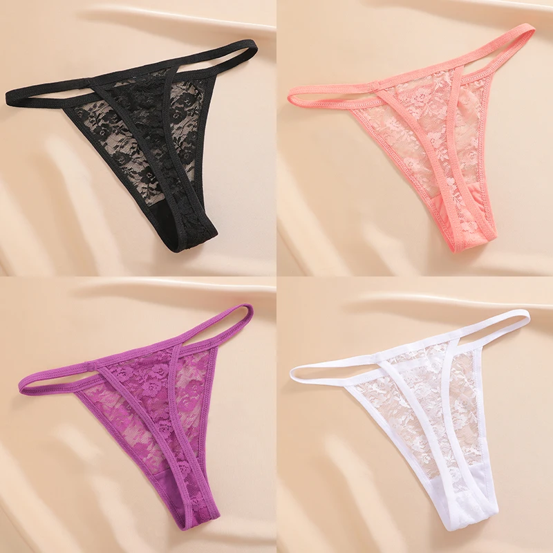 4-teiliges Set Damenunterwäsche Spitzen-Höschen Blumenmuster Lingerie Sexy Tanga G-String Transparente Intimwäsche