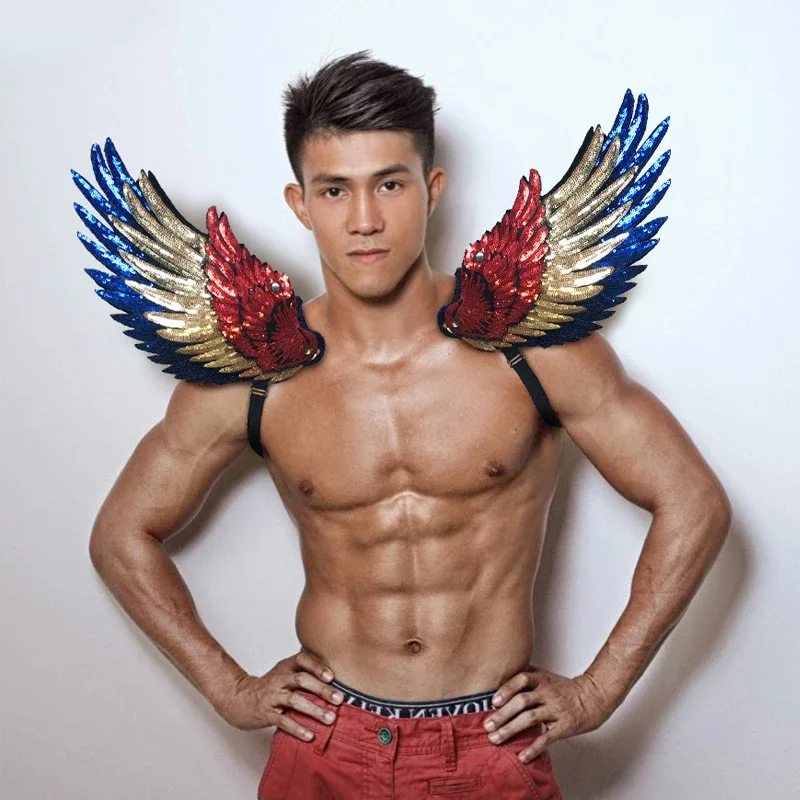 ゴールドスパンコール 3D 羽ナイトクラブ DJ 男性ステージキャットウォークゴーゴーパフォーマンスアクセサリー男性蛍光色肩飾り 2490