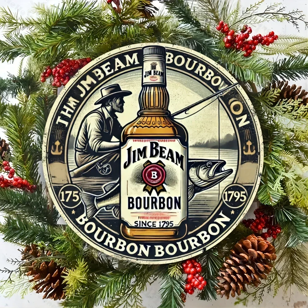 "علامة معدنية مستديرة من الألومنيوم مكونة من قطعة واحدة من جيم بيم فينتاج. لوحة فنية جدارية متينة، هدية مثالية للمساحات المتعددة، في الداخل أو الخارج." #4