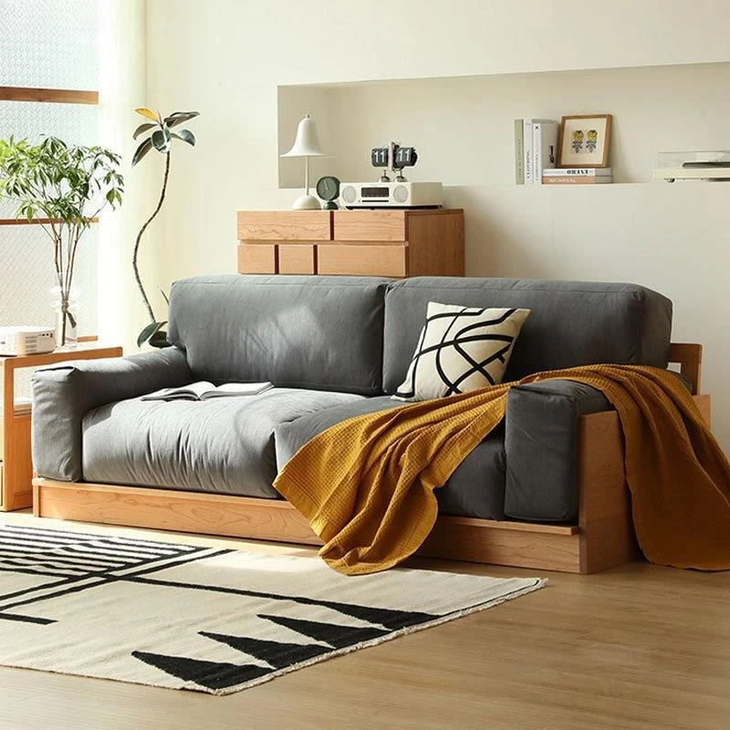Nordic all solid wood cherry wood, sofa three-person combination simple Japanese-style small apartment living room furniture