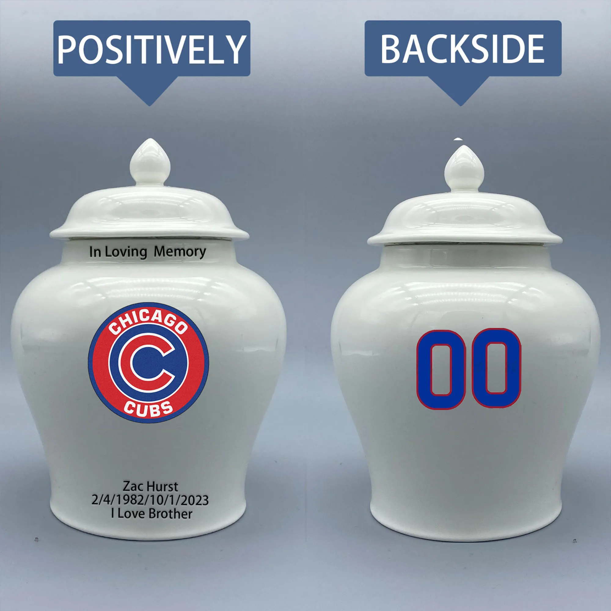 

Medium Urn for Chicago Cubs-themed Logo Urn.Please send me the customize information-name/date and number on the urn