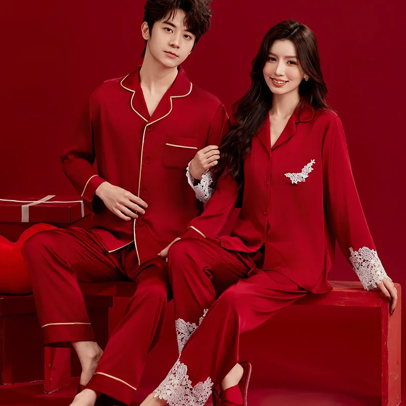 

Ice Silk Long Sleeve Long Pants Sleepwear Home Clothes Thin Summer Couples Home Comfortable Soft Pajamas