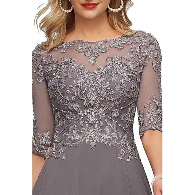 Half Sleeve Chiffon Mother of the Bride Dresses Laces Appliques O-Neck Pleated Elegant Evening Party Dress Cocktail Dress