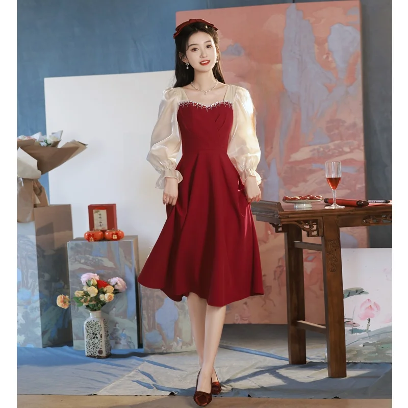 

Красное свадебное платье для женщин с коротким рукавом, на молнии, украшенное кристаллами, коктейльное платье, подходит для различных мероприятий.