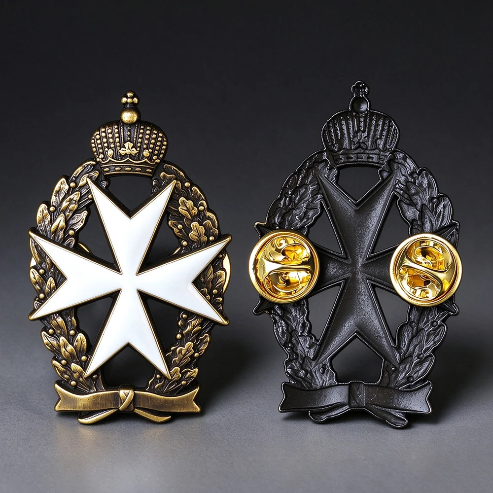 Maltese Cross Crown Wreath Brooch White Enamel Knight Order Badge Vintage Bronze Medal Pin for Uniform Cosplay Collection