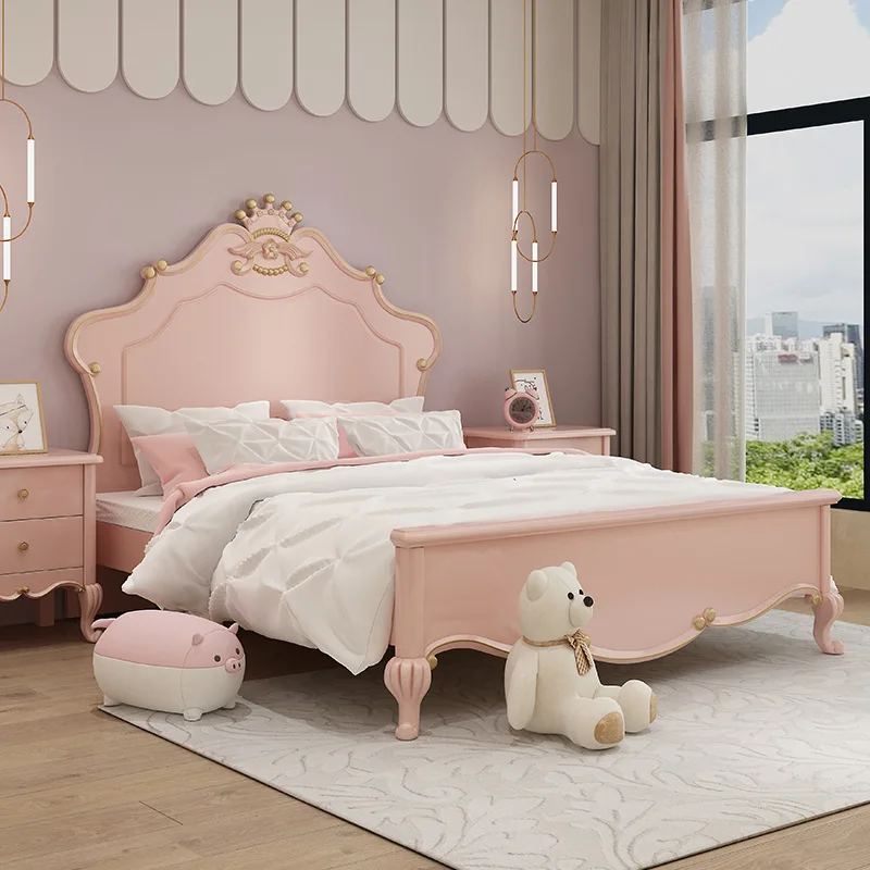 French Children's Bed Luxury Crown Princess Bed Girls' Dream Castle Pink Girls' 1.2m Single Solid Wood Bed