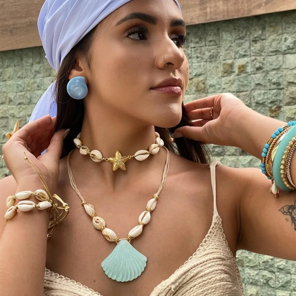 

Пляжное ожерелье в стиле бохо с большой подвеской в виде ракушки, двухслойная цепочка, ювелирные изделия для летних каникул для женщин
