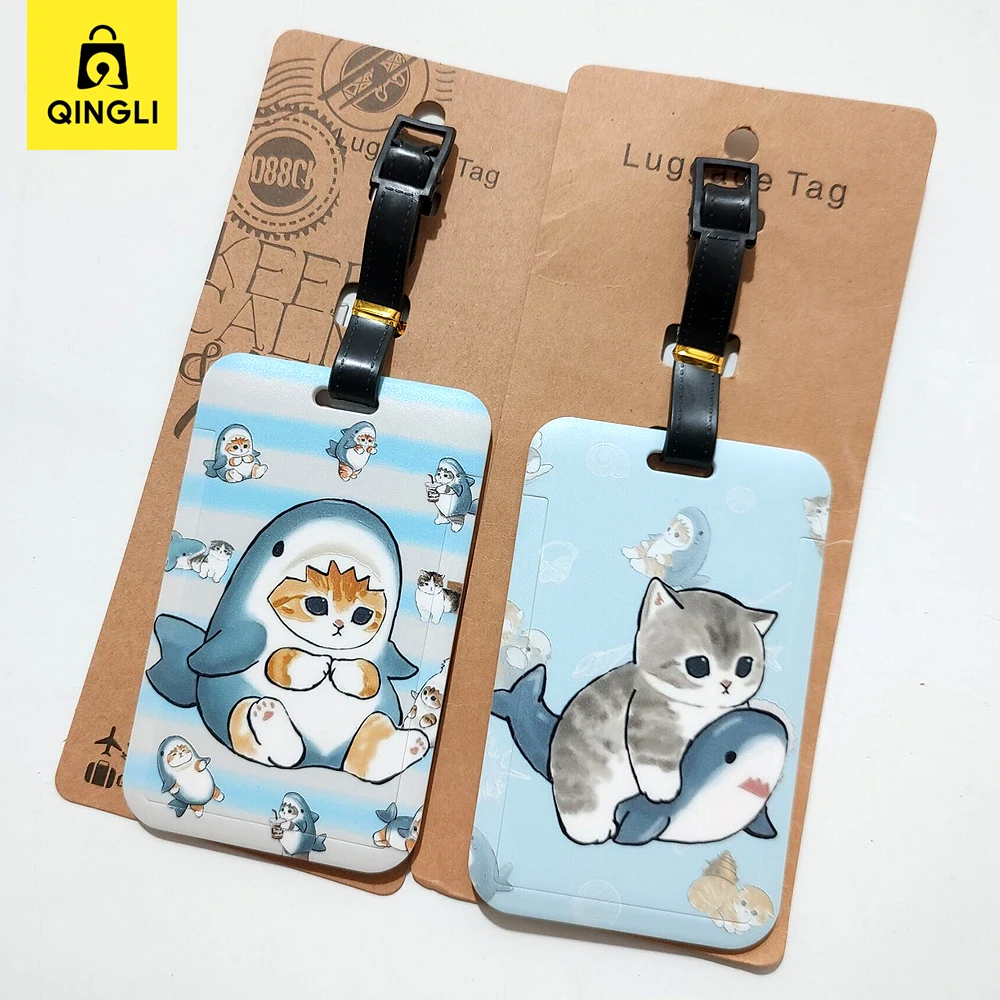 New Cute Shark Cat Luggage Tag Cartoon Anime PVC Bus Card Holder Cover Portable Travel Suitcase Label Anti-lost Address Card Tag