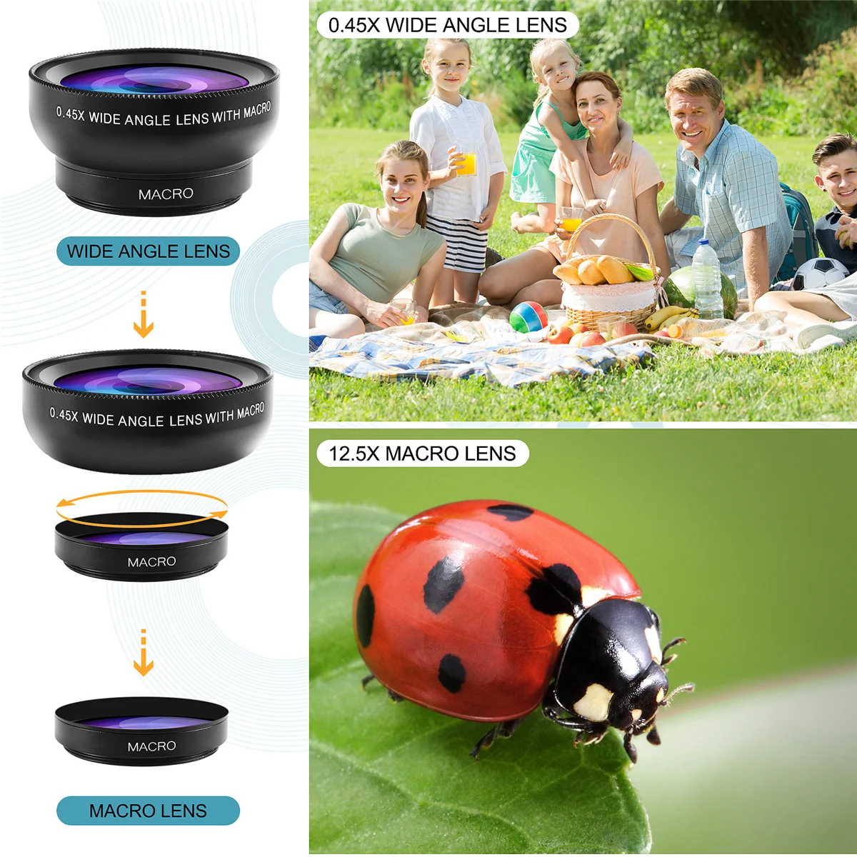 Fish Eye Phone Lens, 0.45X Phone with HD Camera Lens Macro Clip Lens Wide Angle Lens Lens for Mobile Phone Camera