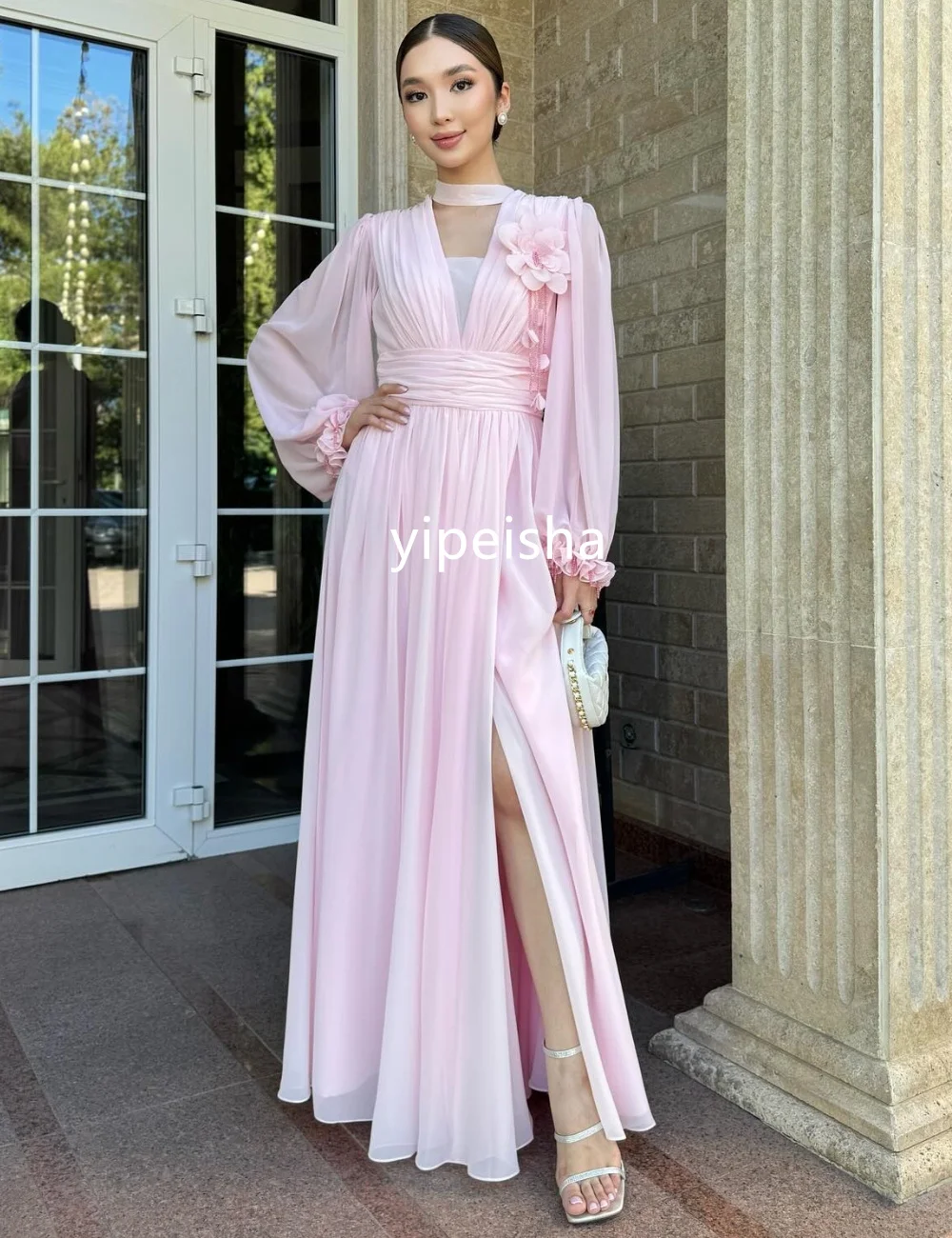 Customized Intricate Chiffon Pleat A-line V-neck Long Dresses Prom Dresses Classic Exquisite Modern Style Pastrol Unisex Chinese